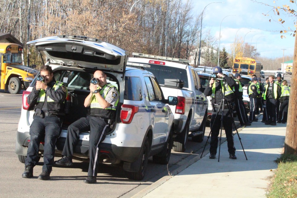 Recruits with the Lac La Biche County  Peace Officer Training Program were keeping an eye — an electronic one — on the streets Thursday afternoon. Speed radar training is part of the extensive 10-week training program offered through the municipality and Portage College. The program draws new and existing peace officers from across the province.  No tickets were issued during the afternoon training session focusing on the Highway 36 entrance to Lac La Biche during the afternoon school zone  … but it definitely sped up the heart-rate of a few drivers entering the community.
