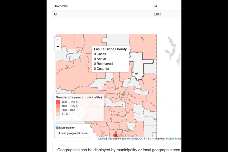 Thursday's provincial COVID map showing Lac La Biche County almost surrounded by communities with cases.