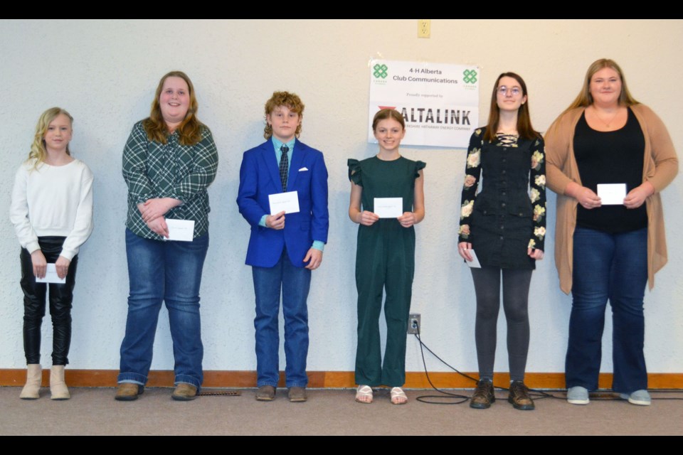 St. Paul 4-H District’s top Communications speakers of 2024 are, left to right: Junior members Emelia Kemsley St. Paul Multi Club, second, and Sierra Robinson, Goodridge Beef Club, first; Intermediates Kurt Yaremko, St. Paul Multi Club, second, and Sierra Smith, Elk Point Multi Club, first; Seniors Rhiana Champagne, St. Paul Multi Club, second and Naya Janz, Goodridge Beef Club first.