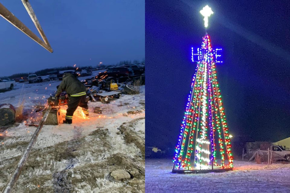 A tree built from drill pipe stands over 35 feet tall at BPK Mechanical, south of St. Paul. Photo supplied.