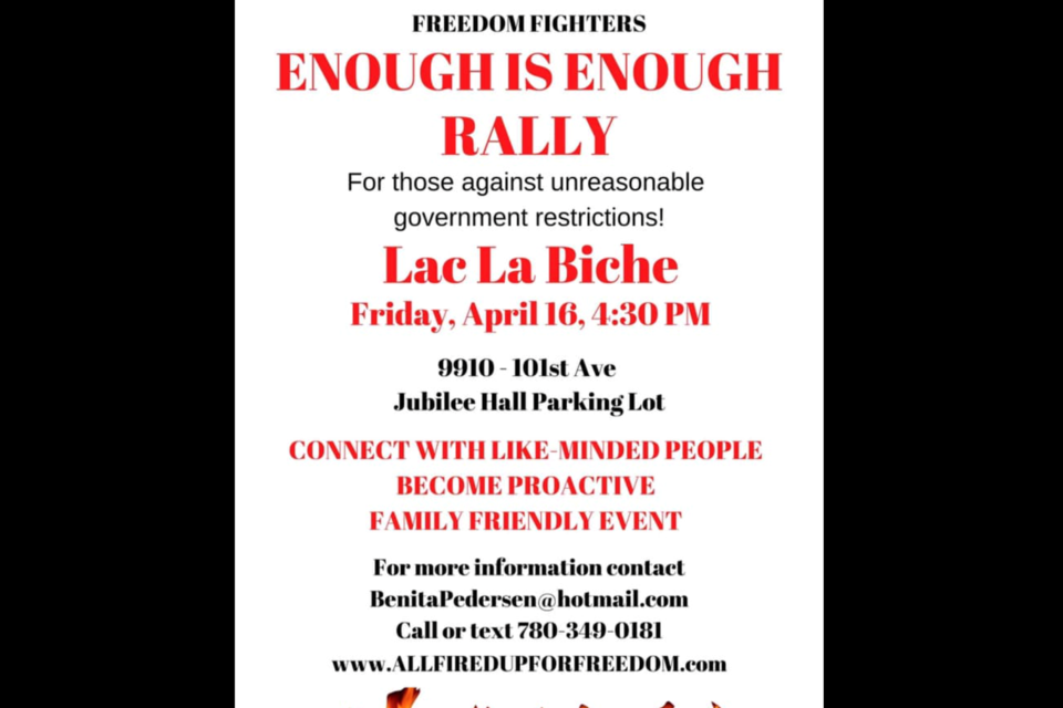 Information for the upcoming Enough is Enough Rally in Lac La Biche.    Supplied