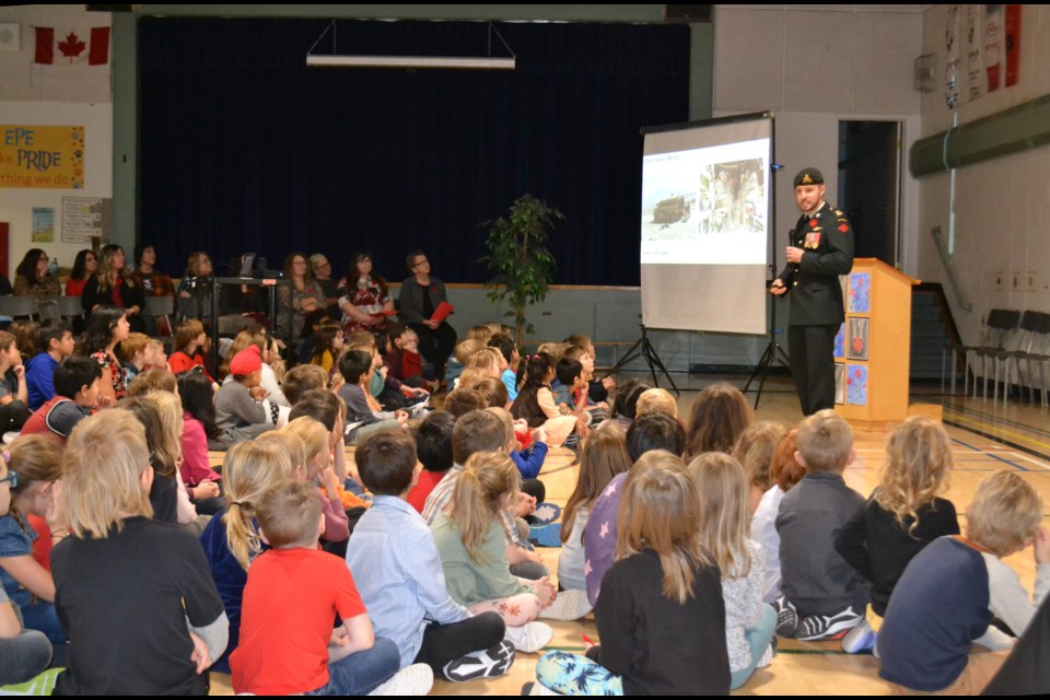 Major Jocelyn Roy of the Canadian Armed Forces gave Elk Point Elementary School students a fascinating insight about military life as he told them about his experiences in Afghanistan, Latvia and in Canada during his visit to this year’s Remembrance Day observances on Wednesday.