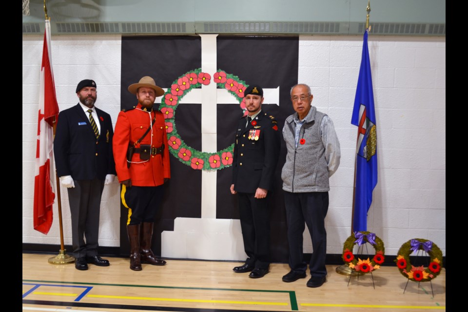 Special guests at Elk Point Elementary School’s 2023 Remembrance Day event included (left to right) Vern Slonowski, Royal Canadian Legion, Cst. Michael Engele, RCMP, Major Jocelyn Roy, Canadian Armed Forces, Mayor Parrish Tung and (not shown) SPERD Trustee Darcy Younghans.