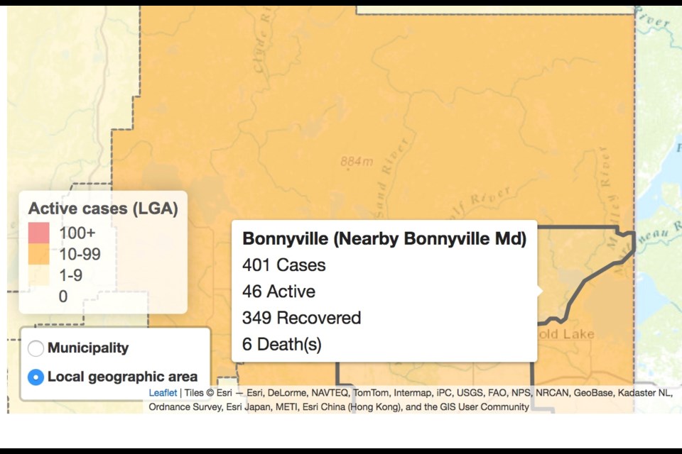 A screen shot from Friday afternoon's provincial COVID map.   