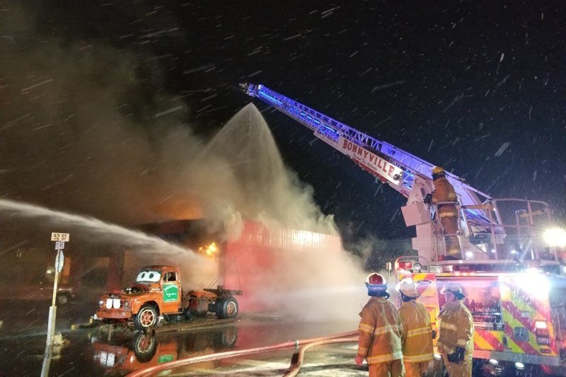 A Bonnyville fire crew helps with a fire at a local business in St. Paul, Monday night. Photo supplied.