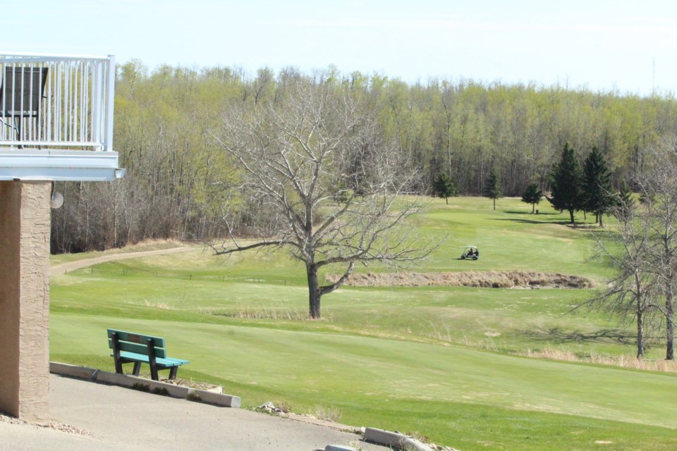 Sixty yards from the green and six feet from your partner. With tee times at least 12 minutes apart, area golf courses are opening  up the green space for golfers.        Photo: Rob McKinley
