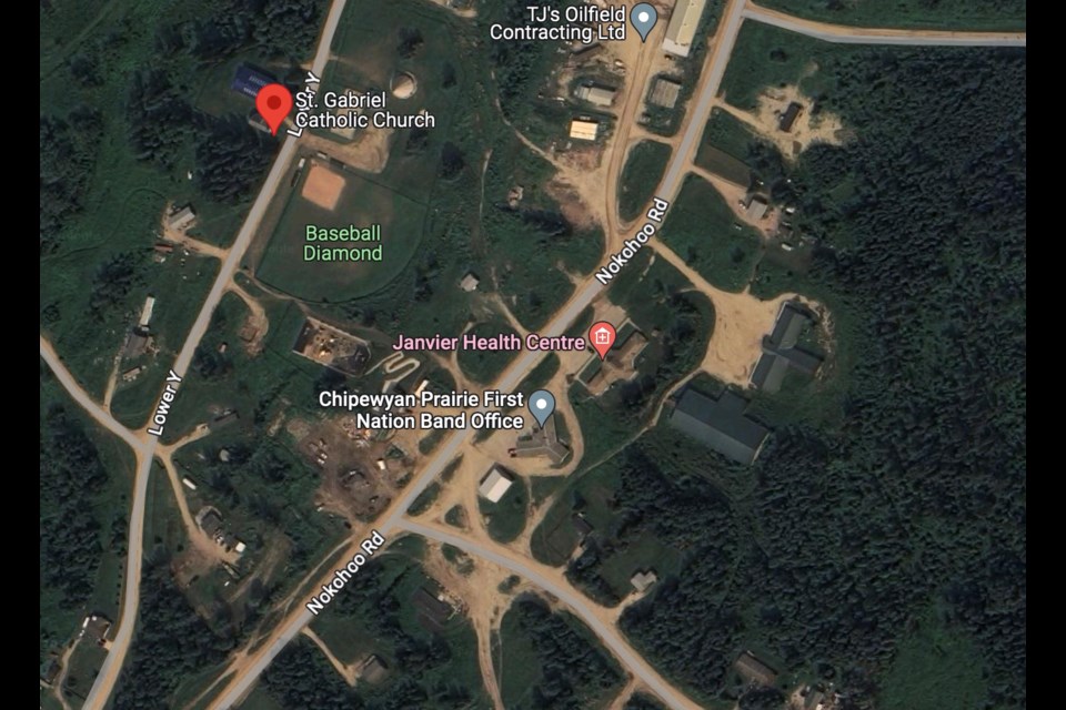 A Google maps screenshot of the Janvier community shows the location of the St. Gabriel Catholic Church near the Janvier recreation area.