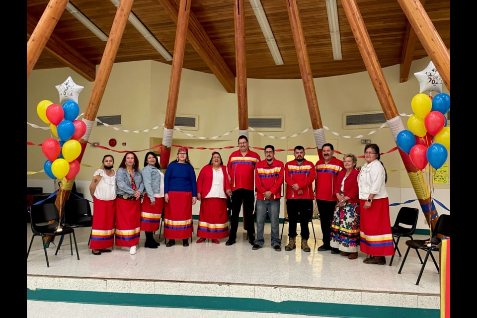 Pictured are graduates Priscilla Lapatak, Trina Large, Sarah-Jean Whiskeyjack, Teressa Steinhauer, Eileen White, Bobby Moosewah, Danny Hunter, Tyson Hunter, and Victor Steinhauer, along with Ruby Stone, program manager with Reinvestments and Gale Nahnepowisk, instructor with Portage College.
