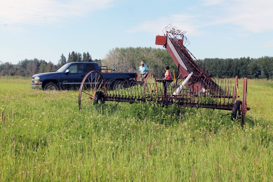 Haying in the 30’s volunteers Linda and Ken Richter were seen hard at work on a vital piece of harvest equipment from long ago, a stook loader that collected bundles of grain for transport to the threshing machine. In the foreground is a horse-drawn hay dump rake of similar vintage.
Vicki Brooker photos