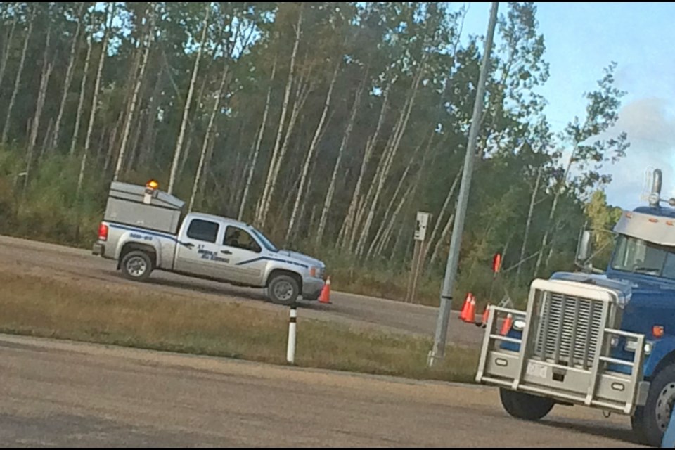 Road crews were set up at the weigh scales north of the Bold Center on Tuesday, turning around trucks and advising motorists of the day-long closure on 881.