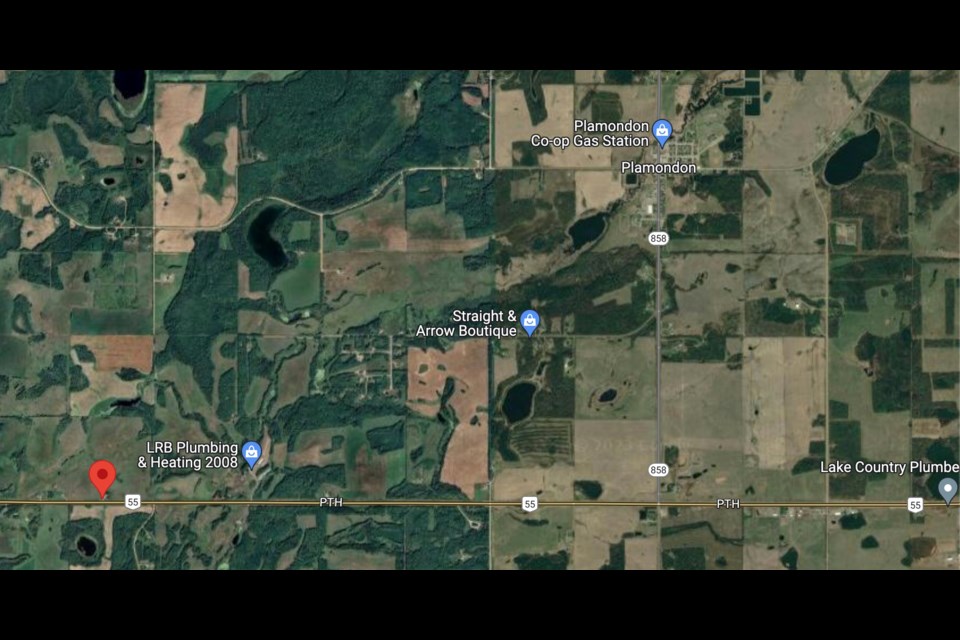 A red 'pin' highlights the area identified by Lac La Biche RCMP where they are investigating a firearms complaint. Residents in the area are advised to shelter in place. 