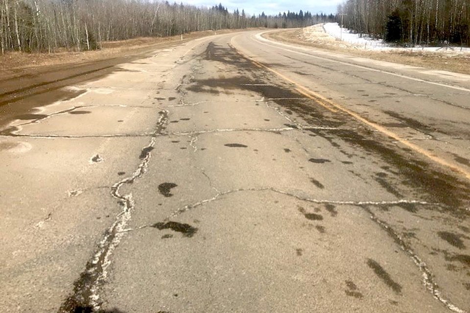 The wear and tear on Hwy. 892 north of Hwy. 55 promoted MD of Bonnyville council to write a letter to Alberta Transportation. Photo submitted. 
