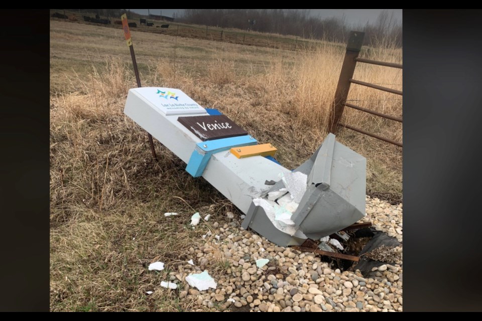 The municipal marker at the hamlet of Hylo was smashed and destroyed by vandals sometime overnight on Friday or early morning Saturday.