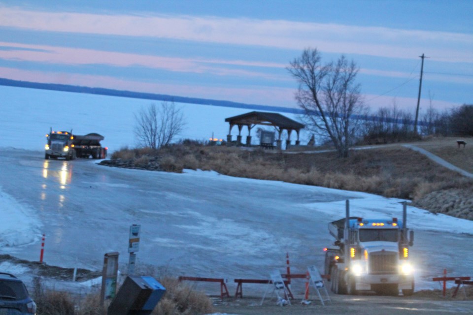 These truckers were likely thinking of another kind of MELT during their recent work on the frozen surface of Lac La Biche lake, hauling in hundreds of tonnes of rock to re-fortify the aging erosion features along the lakeshore. Work on the project wrapped up at the beginning of March.
