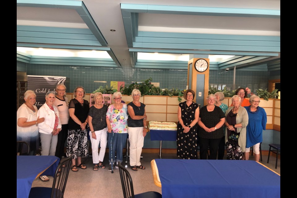 Members of the Cold Lake Healthcare Centre Ladies Auxiliary attend a tea recognizing their 36 years of service in support of healthcare in Cold Lake. They are: (front row, from left) Muriel Shields, Ev Parks, Lynda Myhre, Nancy Donnelly, Shirley Rourke, Anne Slater, Sheila Smith, Sue Carter, Shelley Bahm, Betty Glover and Barb Barasloux-Cloutier, and (in rear, from left) Linda Lee and Maureen Thurrott. / Photo supplied