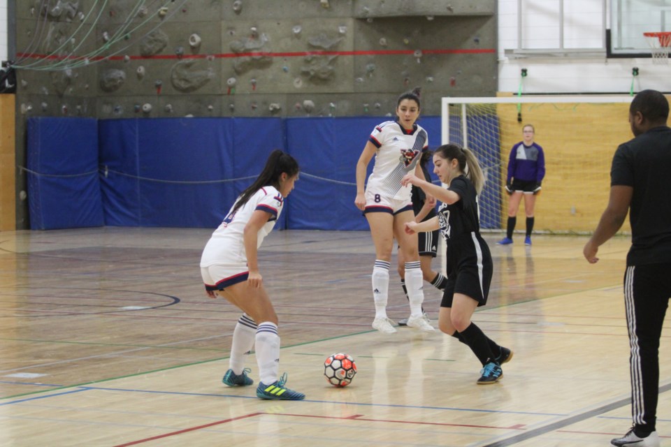 Voyoageur women's futsal players took on Lac La Biche Excel player in a friendly futsal exhibition game at Lac La Biche's Portage College gym on Sunday.