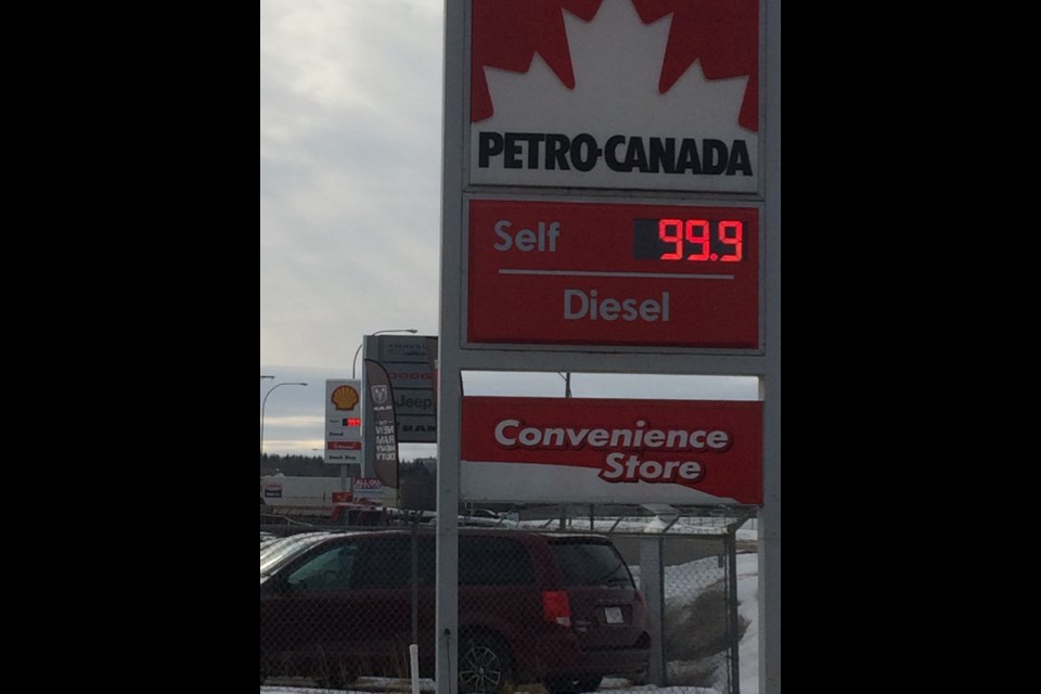 Fuel prices sub-one dollar on Lac La Biche Main Street this afternoon at 3 pm.   The first time the fourth number slot at local stations has been blank in more than four years.