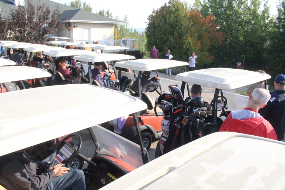Road To Hope board director Rick Backsza gives some last-minute instructions to a full field of golfers ready to hit the Athabsca Golf Club fairways to start last Thursday’s annual Road To Hope golf fundraiser.