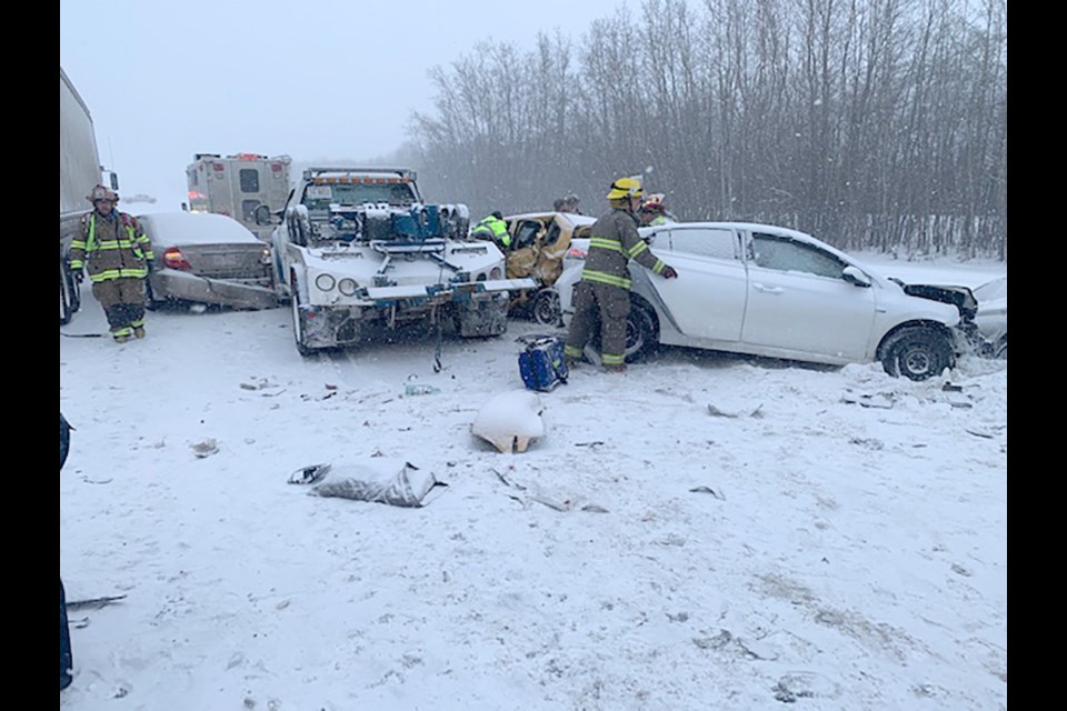 A St. Paul Towing truck was attending a roadside call when it was struck by a vehicle, resulting in a multi-vehicle collision. / Photo supplied