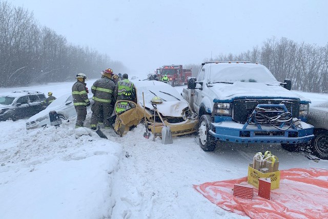 A St. Paul Towing truck was attending a roadside call when it was struck by a vehicle, resulting in a multi-vehicle collision. / Photo supplied