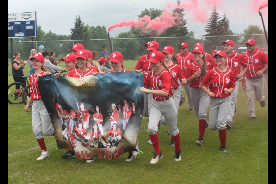 Playing host to the U13-U15-U17 Provincial Girls softball teams is the St. Paul Storm. They burst onto the field in fine form Friday afteroon for the opening ceremonies.
Clare Gauvreau photo