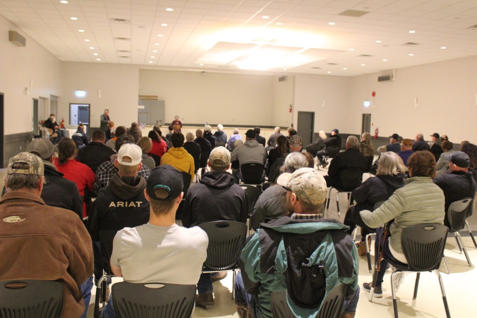 Just under 100 people attended the indoor seated event to talk about rural crime on Sunday at the Hylo-Venice Agriplex.  Image: Rob McKinley