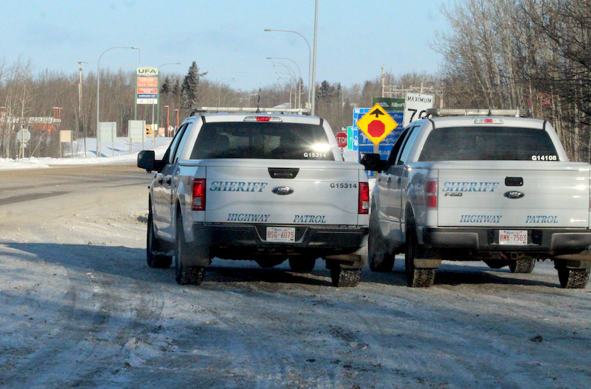 Alberta Sheriffs were parked at the Highway 36 pullout south of the four-way stop intersection at the Lac La Biche truck route on Tuesday morning. The busy intersection has rumble strips on three of the four sides, but still sees motorists fail to stop.