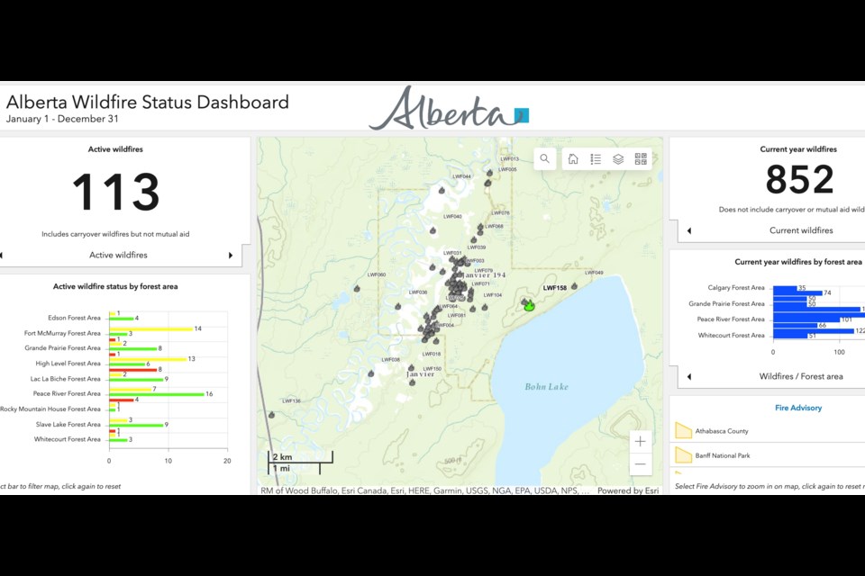 An Alberta Wildfire map shows where more than 60 wildfires have been reported in the Janvier area since the beginning of the fire season. RCMP are investigating a string of fires they say were deliberately set in April and May between Lac La Biche and Janvier.