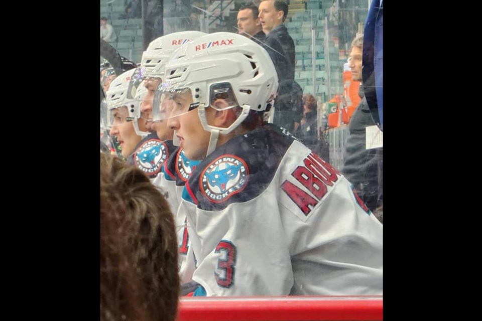 Izzy Abougouche gets ready for his shift during an early season WHL game with the Kelowna Rockets.
