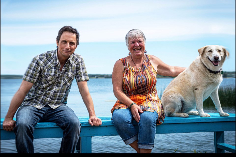 Still Standing host Jonny Harris, Brenda Robitaille and her dog Dazee during an interview break.