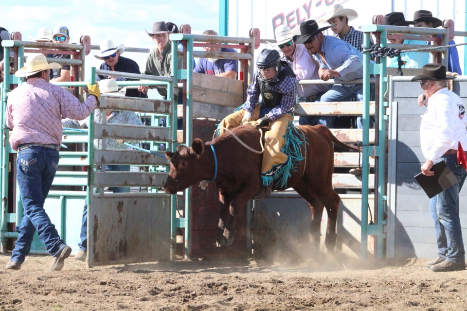 Junior steer rider Ryder Jackson-Cardinal from Kikino earned 70 points and top spot in the junior steer riding heat.