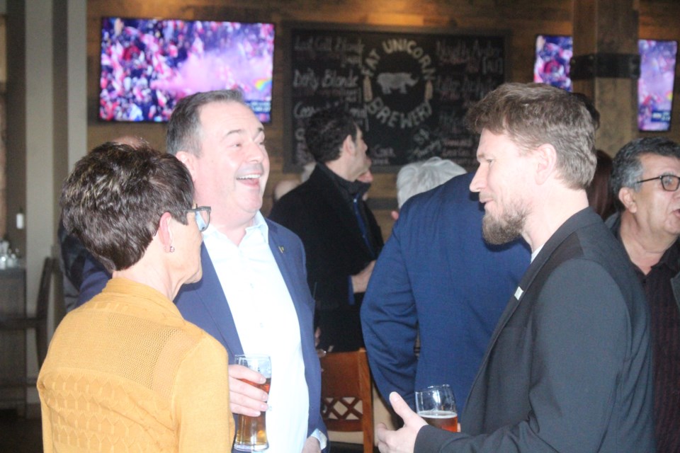 Premier Jason Kenney shared a laugh with Lac La Biche County councillor Colette Borgun and Mayor Paul Reutov during an informal UCP meet-and-greet at Lac La Biche's Fat Unicorn restaurant a few weeks ago.