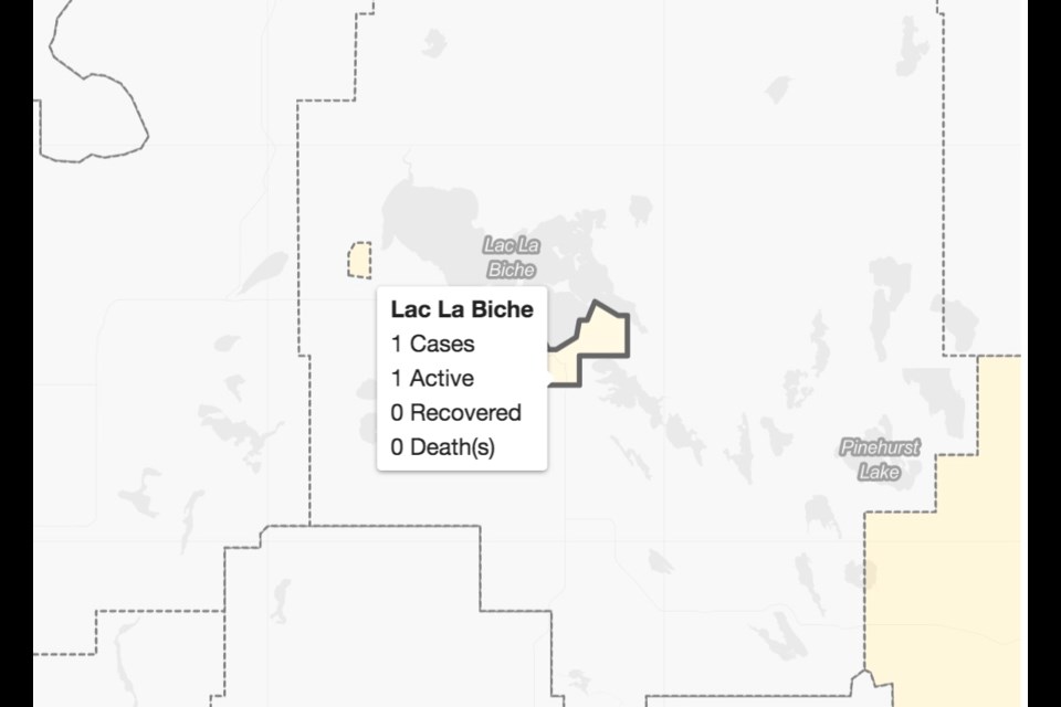 While the Interractive map shows no cases in the rural Lac La Biche County area, the Lac La Biche area shows one case, while the yellow shading covers the hamlet of Plamondon as well.