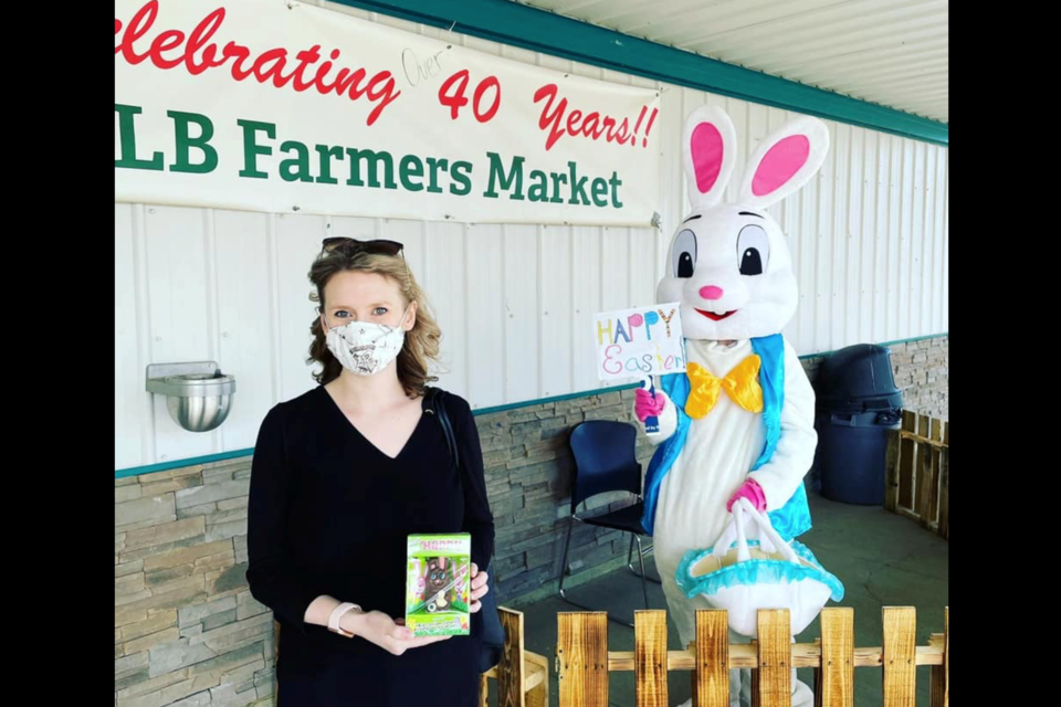 Fort McMurray - Lac La Biche MLA Laila Goodridge (and the Easter Bunny) at the Lac La Biche Farmers' Market on April 2.  Just days later, 15 of Goodridge's political colleagues penned a letter criticizing the province's COVID restrictions.     Image: Facebook