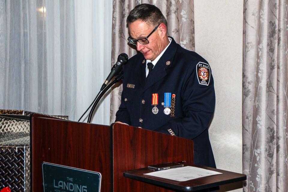 Lyle Hovelkamp, honoured with the 40-years of service medal, expresses his gratitude. Hovelkamp says he will continue to serve as a firefighter.