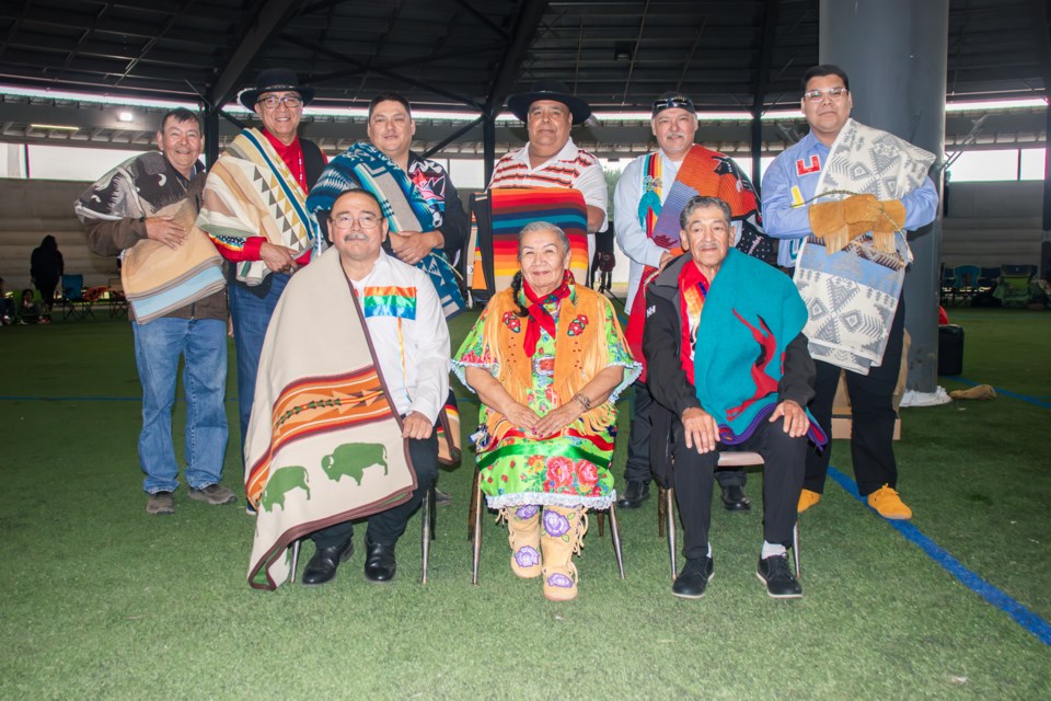 The newly elected council of Saddle Lake Cree Nation, standing from left to right, are Eddy Makokis, Arthur C. Steinhauer, Kevin A. Delver, Glen J. Whiskeyjack, Charles A. Cardinal, and Kenton F. Cardinal.

Sitting with Chief Dale Steinhauer are councillors John E. Large (left) and James R. Steinhauer.