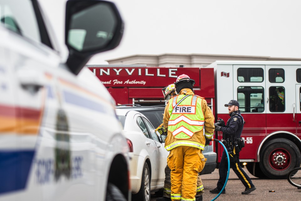 During a mock collision on April 30, firefighters demonstrated how they open a vehicle to retrieve a person that may be trapped inside.