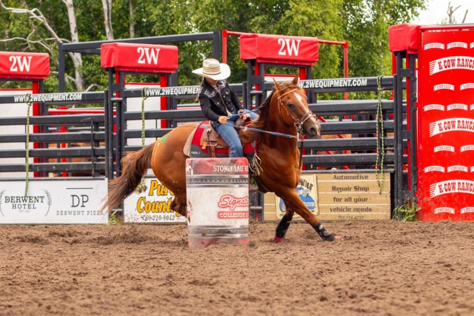 Emma Charbonneau of St. Paul will compete at the Lakeland Rodeo Association (LRA) finals this year in the peewee barrel racing category. She has been competing in barrel racing for three years, and this year would be her last year competing at the peewee level.