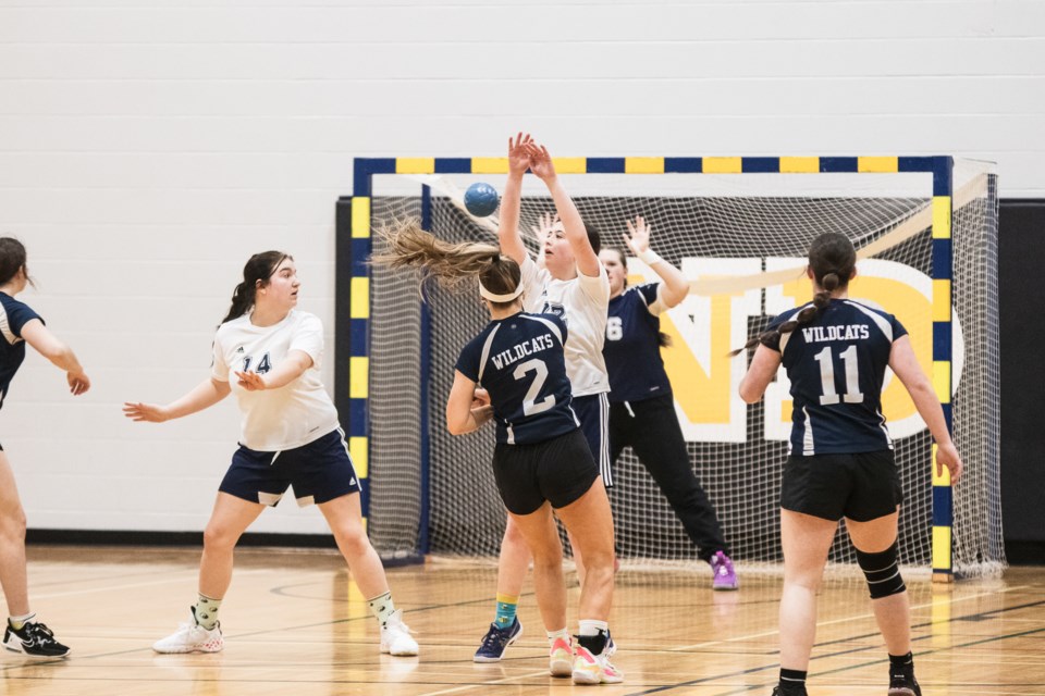 The 2024 host school of the NEASAA Handball Championship, Notre Dame School (dark blue jerseys) competes against Mallaig School on April 30.