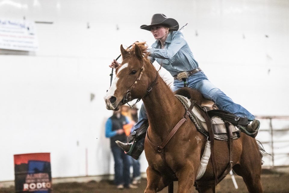 Barrel Racing was just one of the many categories young cowboys and girls competed in during the 26th Annual High School Rodeo held at the St. Paul Ag Corral from April 12 to 14. Pictured is Makenzie Bratrud of Bawlf.