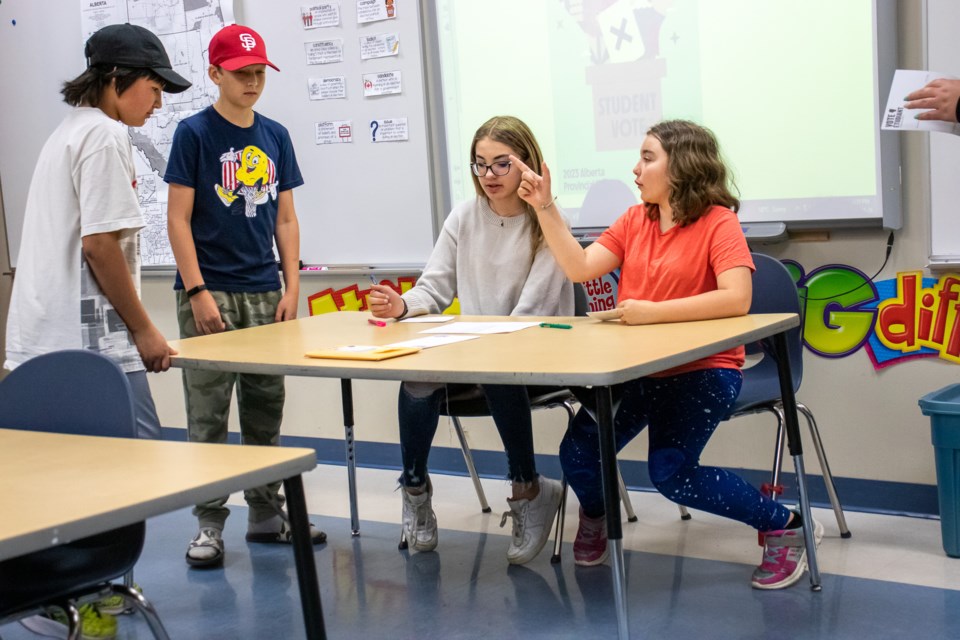 Glen Avon students Acely Singer (far left) and Alex Noel (left) receive instruction from Ava Swityk and Randi Smereka-Marcyniuk (right).