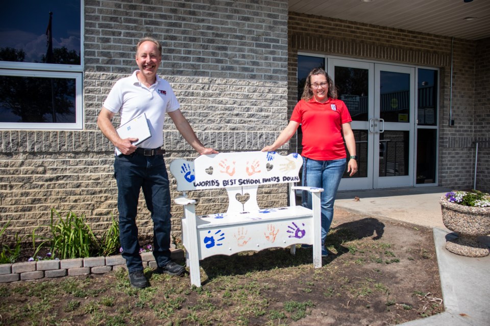 The bench was created by a New Myrnam School student many years ago.