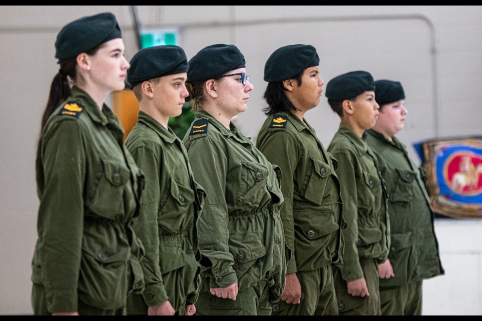 Cadets stand in attention during the Sept. 7 Logistics Parade night at the Mannawanis Native Friendship Centre.