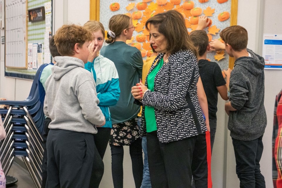 Alberta Lt.-Gov. Salma Lakhani speaks to students during her Sept. 28 visit on Myrnam school.