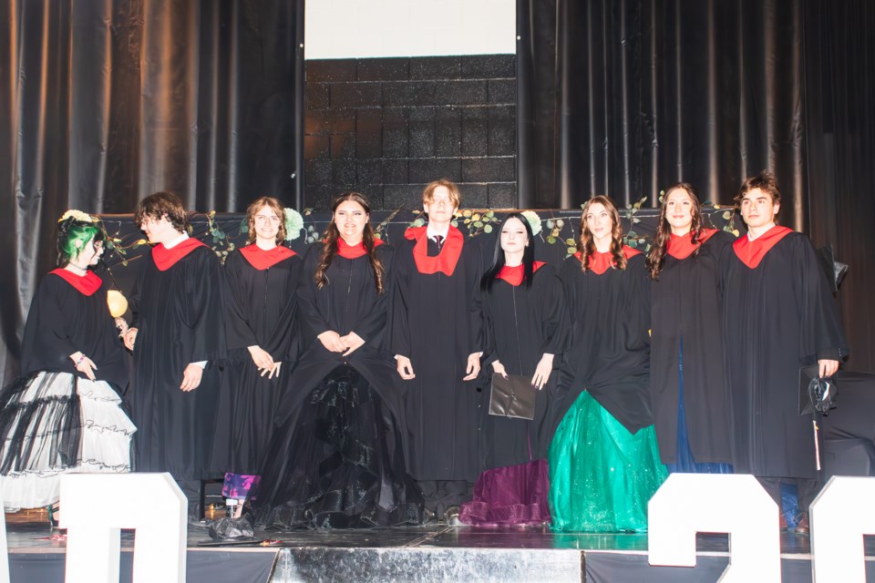 From left to right are Ayvah Smith, Sam Crundwell, Isabel Badry, Brooklyn Porcina, Henry Shukys, Cassidy Stepanick, Lili Wagner, Ava Machney, and Lukas Myshaniuk, who are  New Myrnam School's graduating class of 2025.