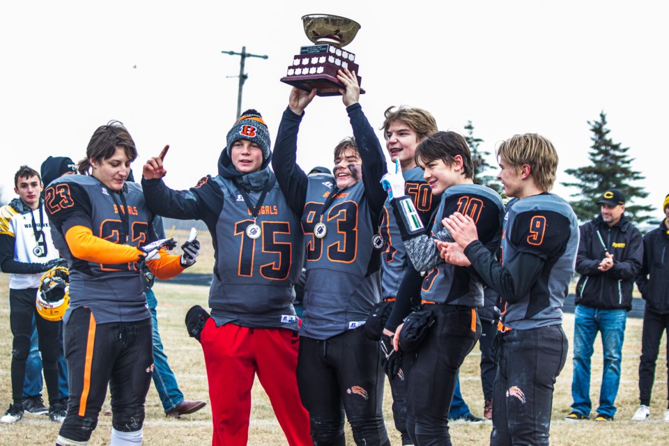 St. Paul Bengals celebrate their victory on Saturday afternoon after defeating the Wainwright Warhawks, 36-0.