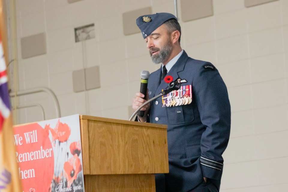 Major Forrest Rock speaks during the Remembrance Day ceremony in St. Paul.