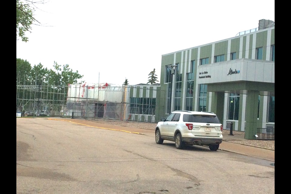 The bars are on the outside of the Lac La Biche Provincial court for the next few months as workers use scaffolding to renovate the outside of the 40 year old building. The courthouse is part of the recently renovated Lac La Biche Provincial Building.