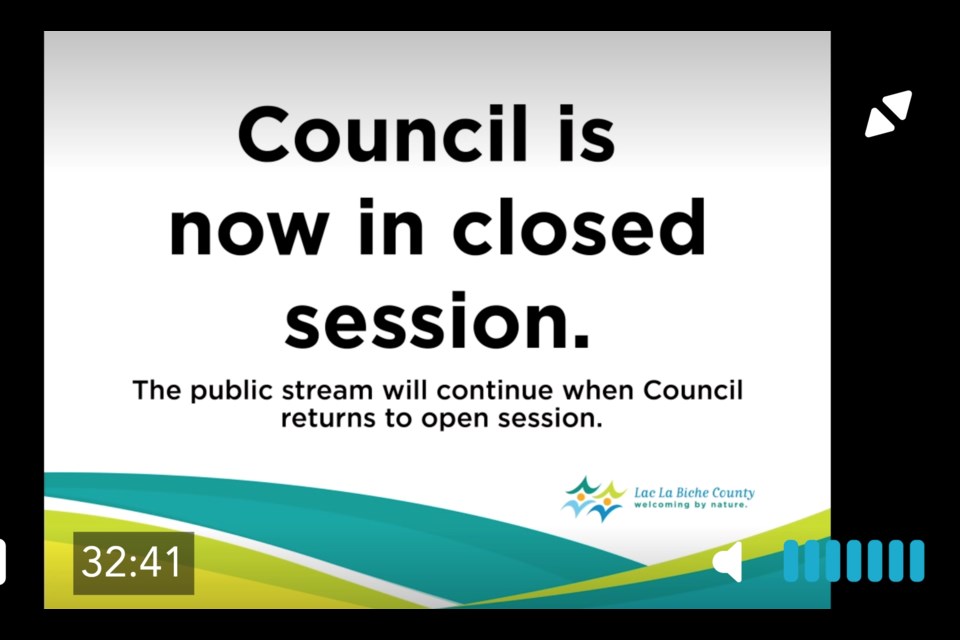 For viewers of the online Lac La Biche County Council meeting on July 12, this screen was displayed for most of the proceedings. Lac La Biche County officials have no analytics available to determine the number of people who watch meetings online.