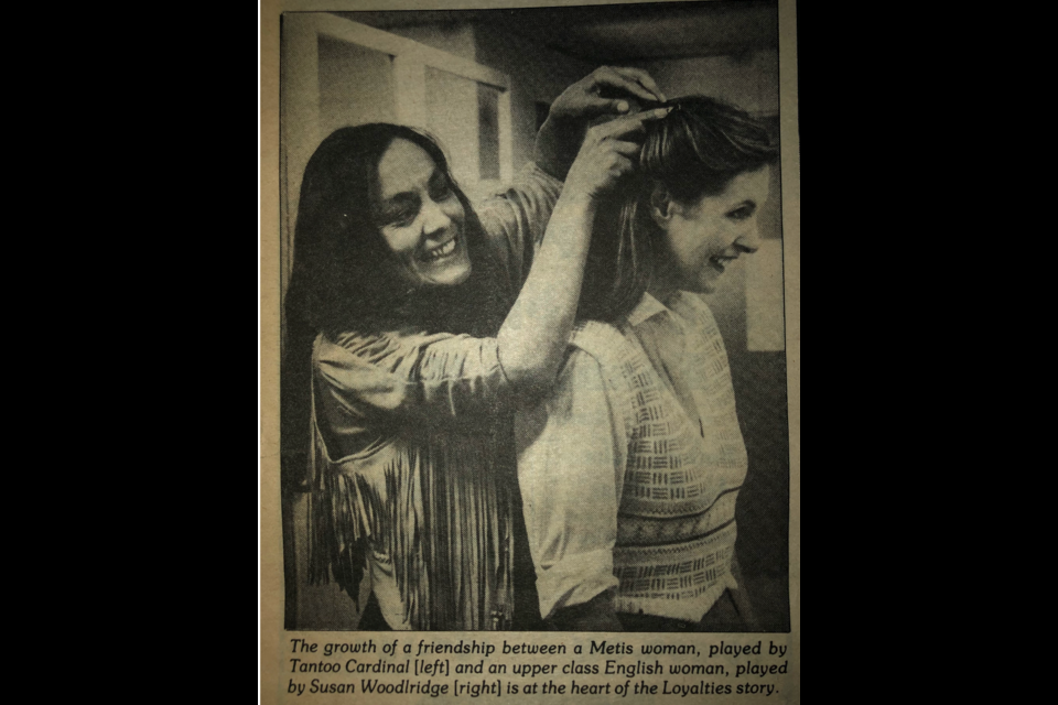 An image from the Tuesday, July 29, 1986 Lac La Biche POST shows a still image of the two leading actresses in a scene from the Loyalties movie that was filmed in Lac La Biche.